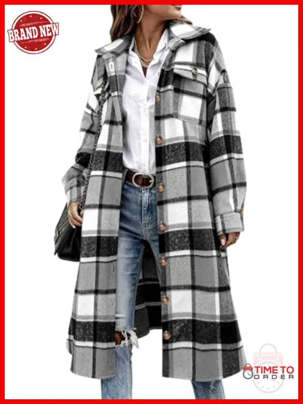 Plaid Flannel Trench Coat Women Long Sleeve Button Down Shacket Oversized